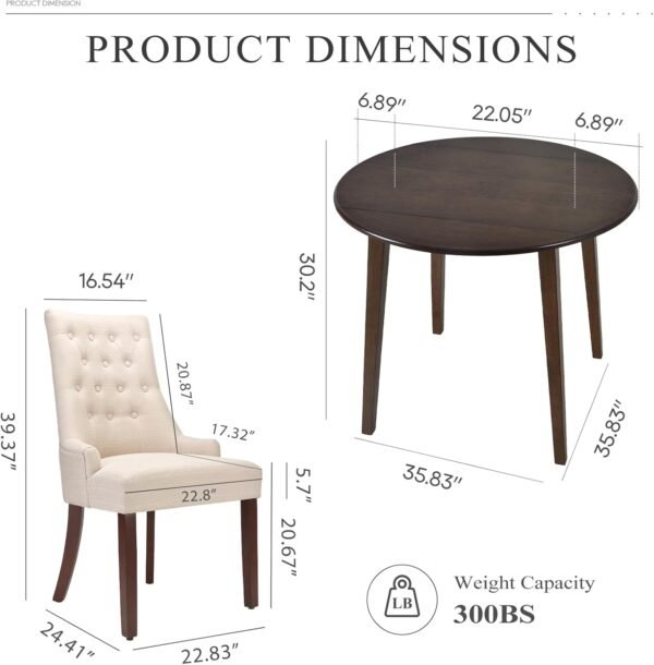 COLAMY 5-Piece Extendable Dining Table Set for 4, 36" Kitchen Round Wood Table with 4 Tufted Dining Room Chairs, Light Brown/Beige - Image 2