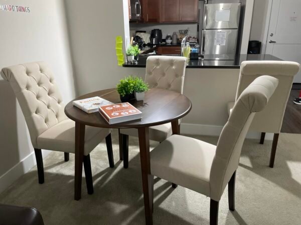 COLAMY 5-Piece Extendable Dining Table Set for 4, 36" Kitchen Round Wood Table with 4 Tufted Dining Room Chairs, Light Brown/Beige - Image 4